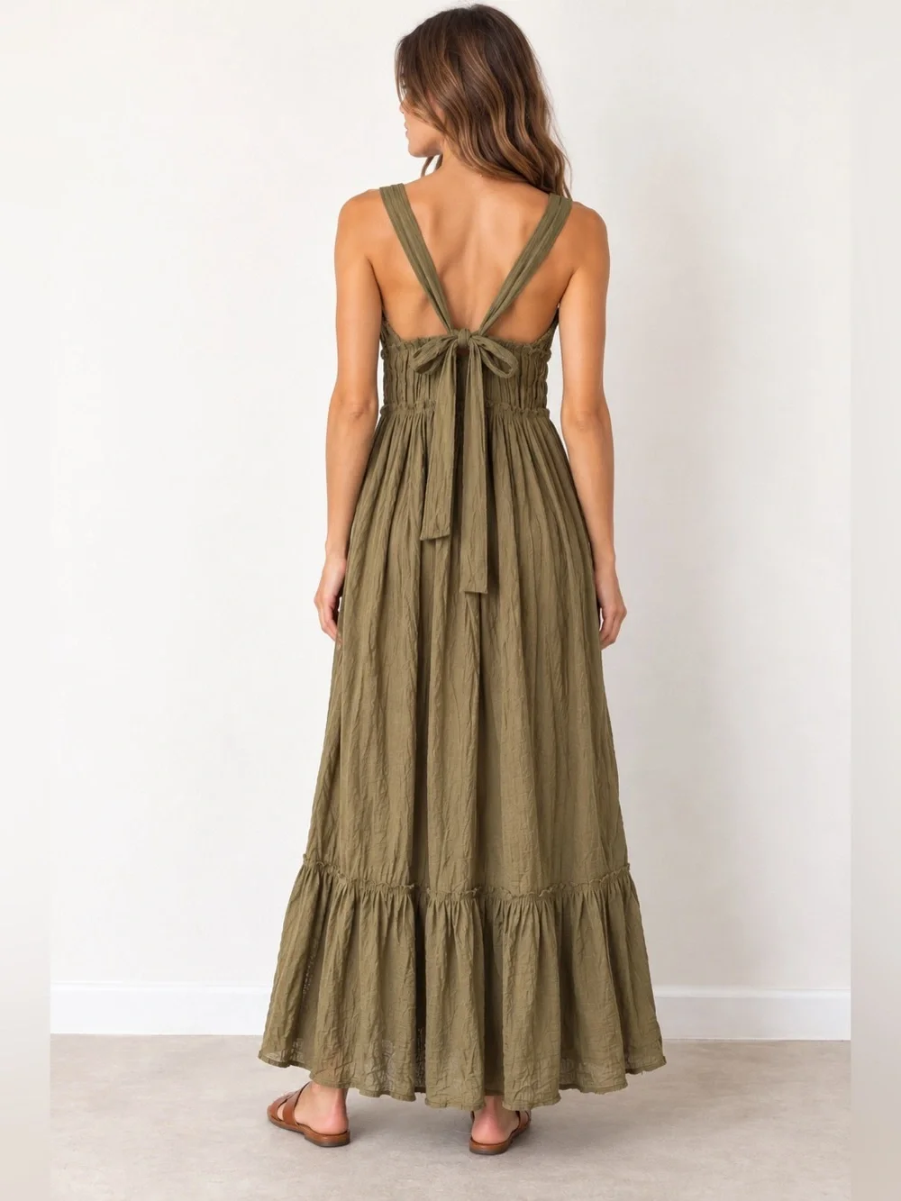 Free People Frankie Pintuck Maxi Dress Olive Green Boho Open Back S